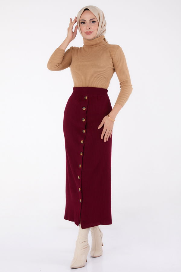 Düz Orta Kadın Bordo Düğmeli Triko Etek - 24722 BORDO