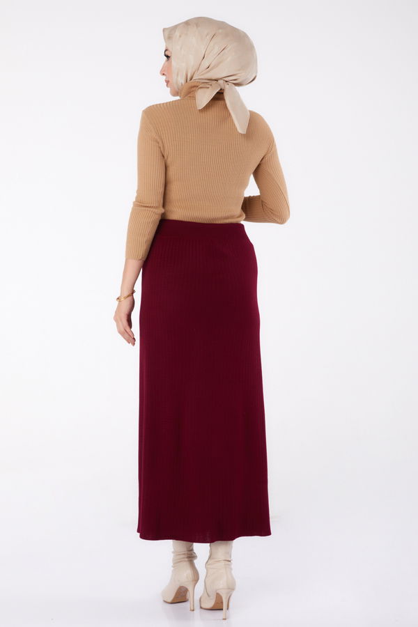 Düz Orta Kadın Bordo Düğmeli Triko Etek - 24722 BORDO
