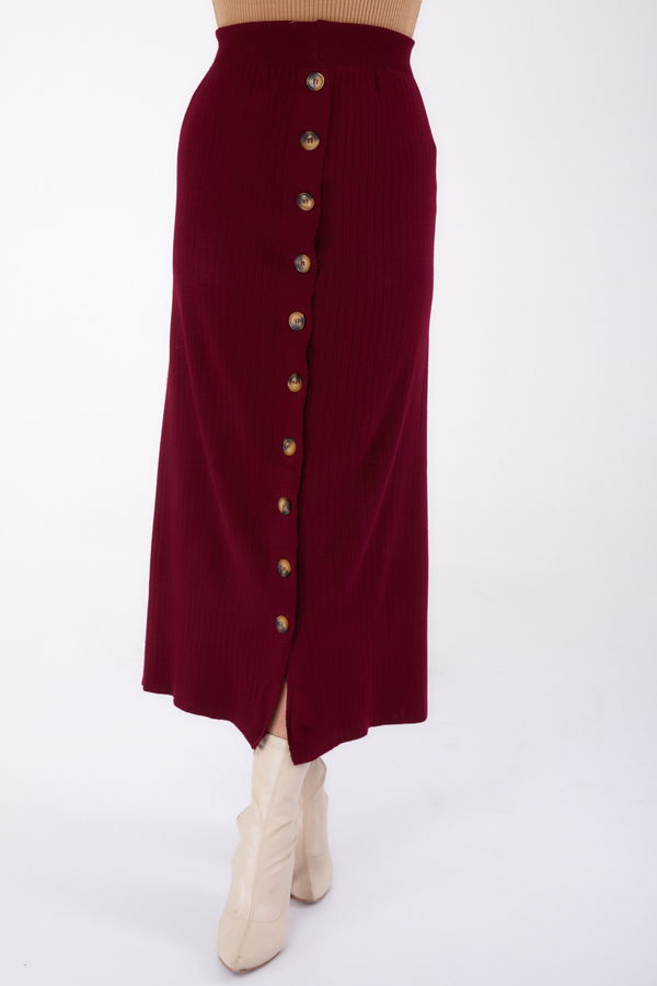 Düz Orta Kadın Bordo Düğmeli Triko Etek - 24722 BORDO