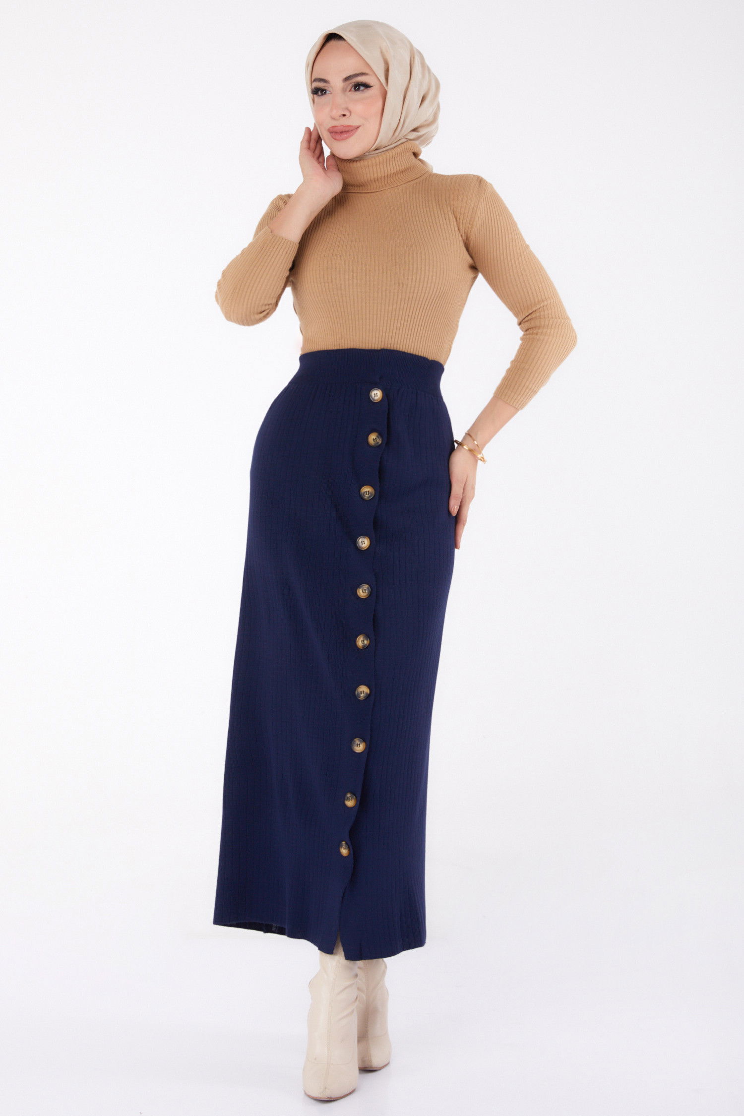 Düz Orta Kadın Lacivert Düğmeli Triko Etek - 24722