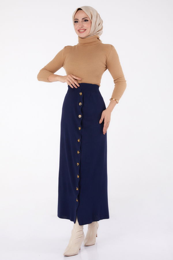 Düz Orta Kadın Lacivert Düğmeli Triko Etek - 24722