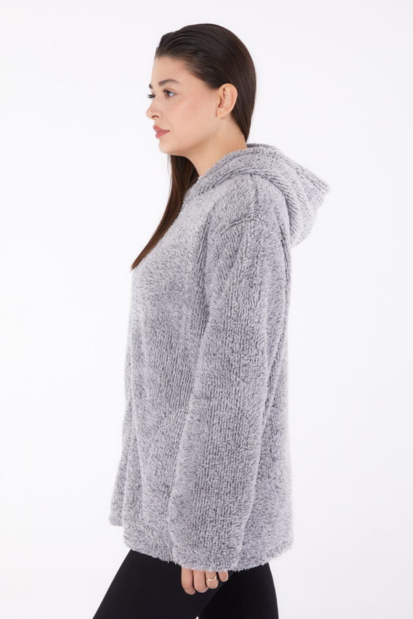 Düz Kapşonlu Yaka Kadın Gri Peluş Kısa Mont - 26459 GRİ
