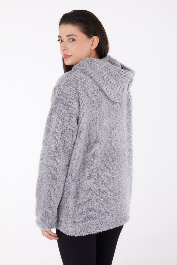 Düz Kapşonlu Yaka Kadın Gri Peluş Kısa Mont - 26459 GRİ