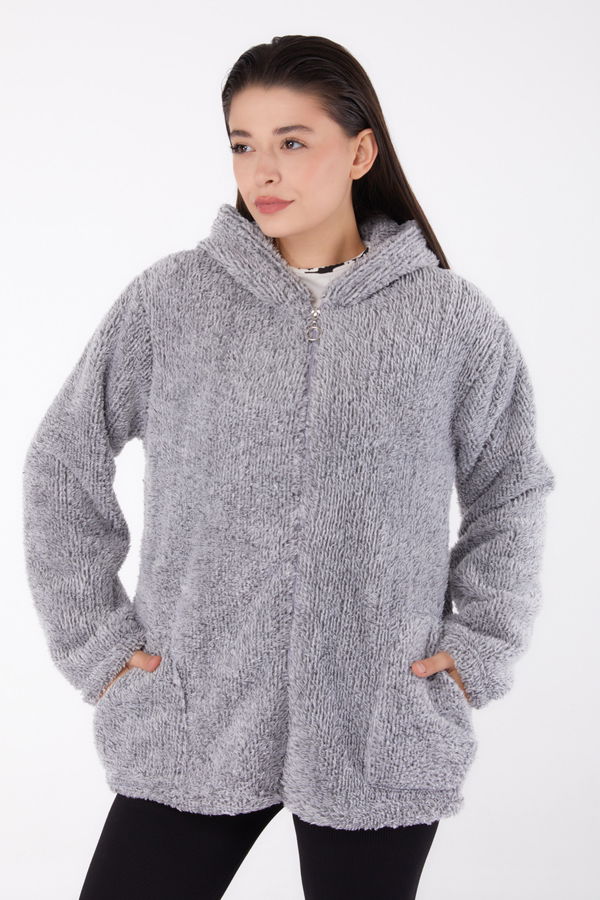 Düz Kapşonlu Yaka Kadın Gri Peluş Kısa Mont - 26459 GRİ