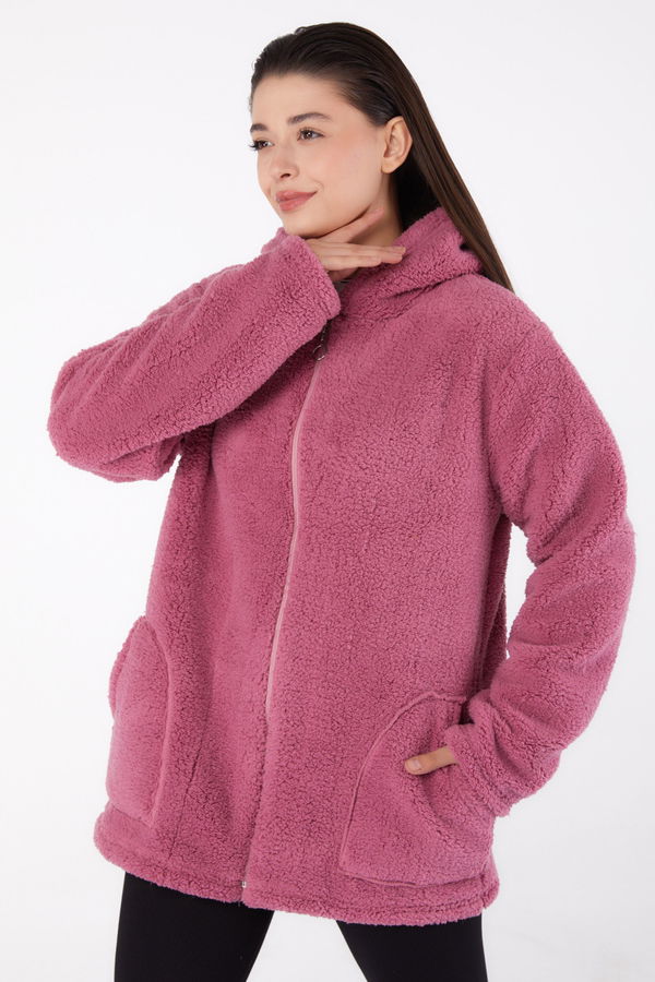 Düz Kapşonlu Yaka Kadın Pembe Peluş Kısa Mont - 26459 PEMBE