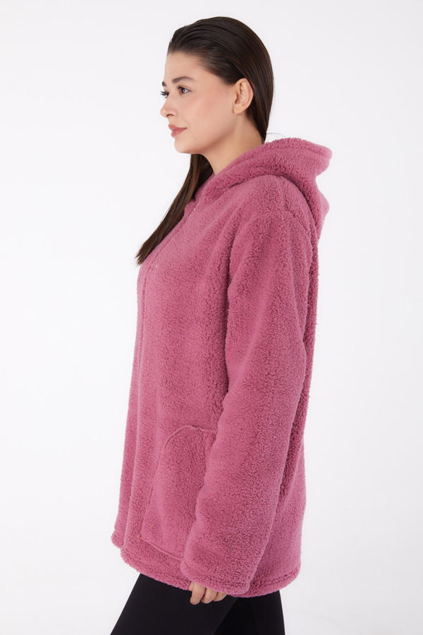 Düz Kapşonlu Yaka Kadın Pembe Peluş Kısa Mont - 26459 PEMBE