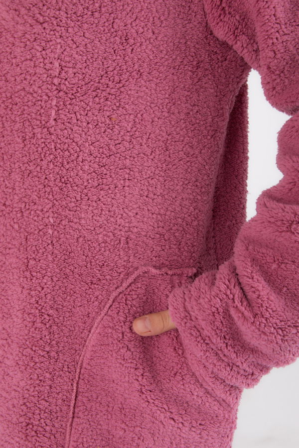 Düz Kapşonlu Yaka Kadın Pembe Peluş Kısa Mont - 26459 PEMBE