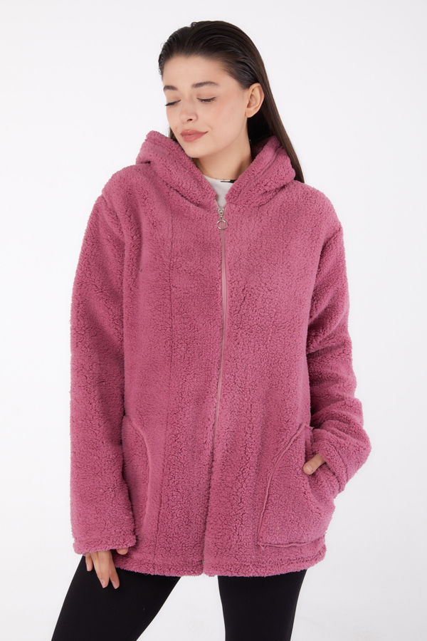 Düz Kapşonlu Yaka Kadın Pembe Peluş Kısa Mont - 26459 PEMBE