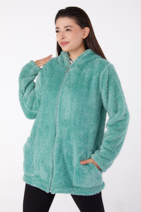 Düz Kapşonlu Yaka Kadın Yeşil Peluş Kısa Mont - 26459