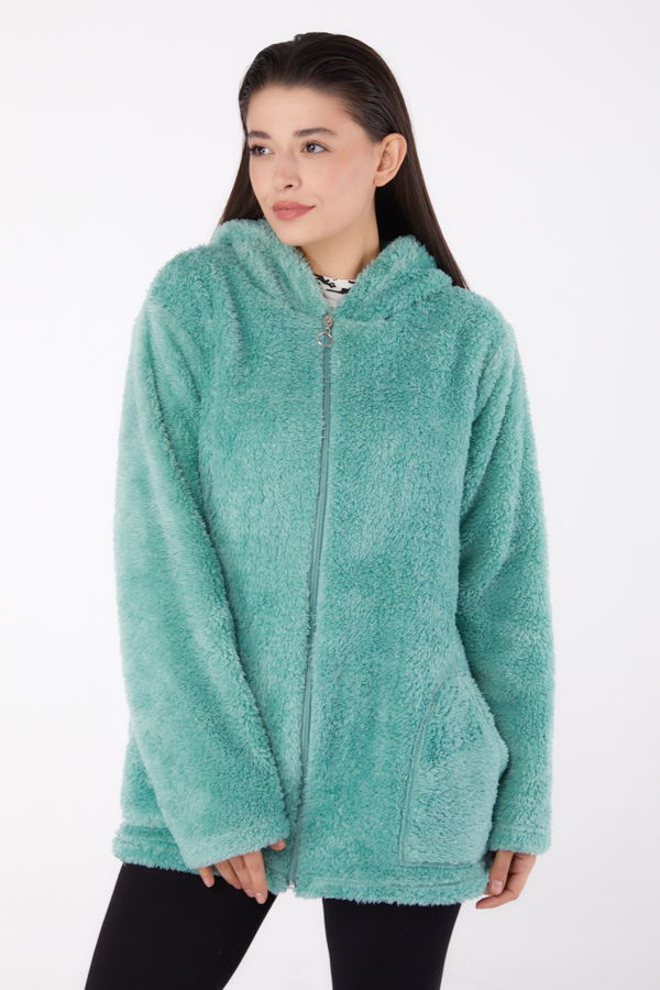 Düz Kapşonlu Yaka Kadın Yeşil Peluş Kısa Mont - 26459