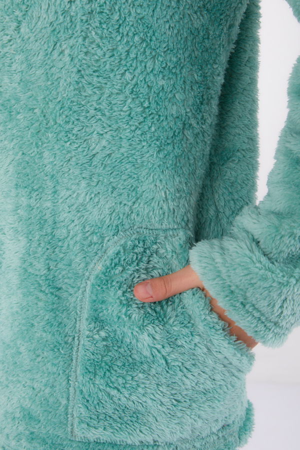 Düz Kapşonlu Yaka Kadın Yeşil Peluş Kısa Mont - 26459