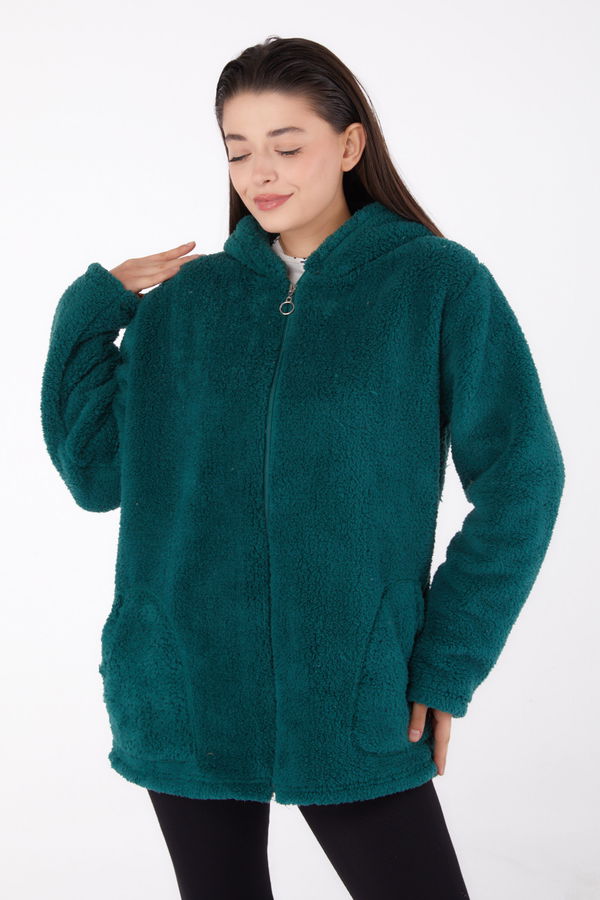 Düz Kapşonlu Yaka Kadın Yeşil Peluş Kısa Mont - 26459 YEŞİL