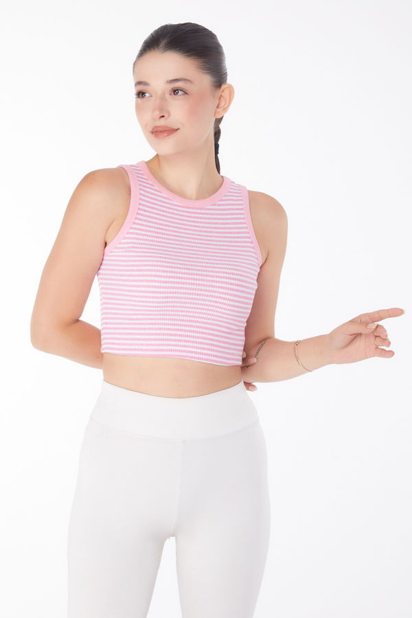 Düz Bisiklet Yaka Kadın Pembe Çizgili Crop - 25958