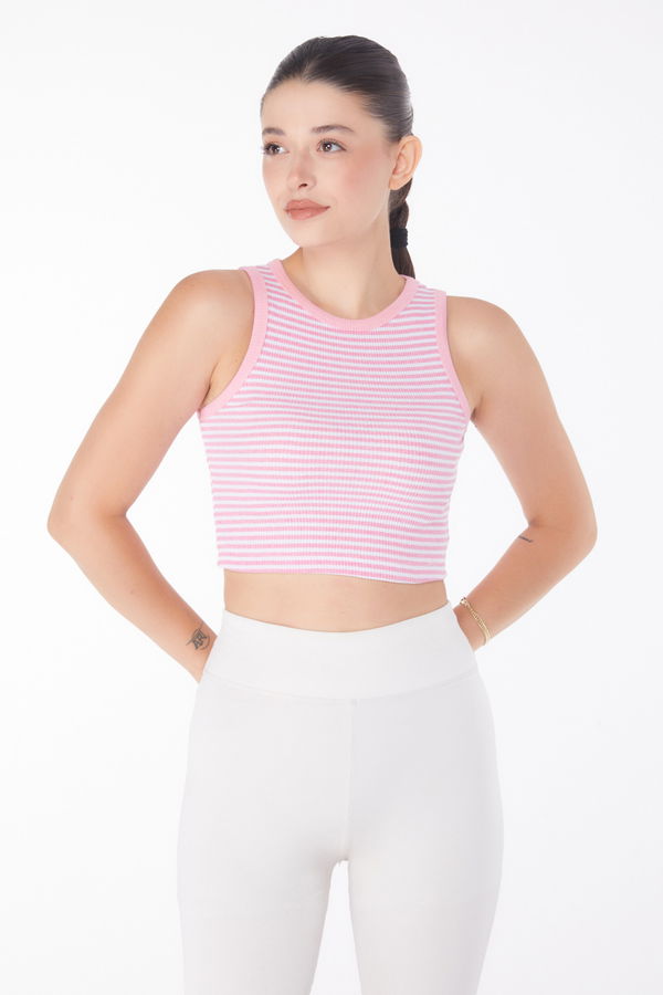 Düz Bisiklet Yaka Kadın Pembe Çizgili Crop - 25958