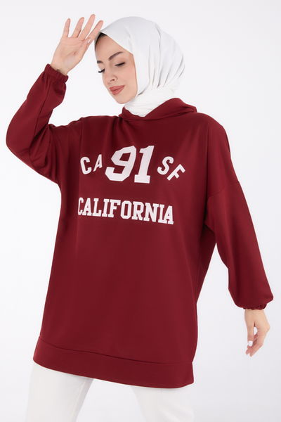 Düz Kapşonlu Yaka Kadın Bordo Baskılı Sweatshirt - 13329 BORDO