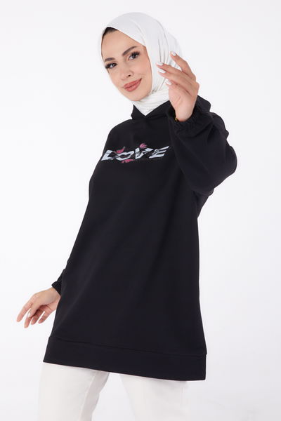 Düz Kapşonlu Yaka Kadın Siyah Baskılı Sweatshirt - 13330