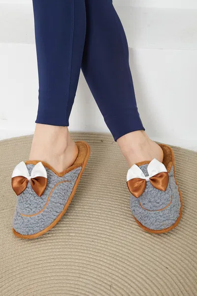 Kadın Gri Fiyonklu Peluş Terlik - 26681
