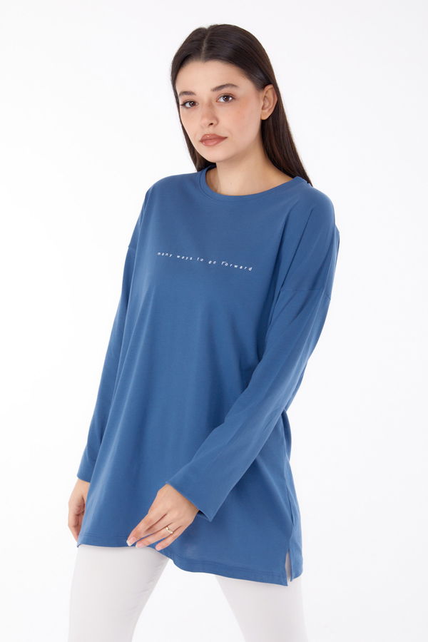 Düz Bisiklet Yaka Kadın Mavi Baskılı Tunik - 25699 MAVİ