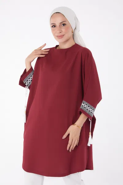 Düz Bisiklet Yaka Kadın Bordo Püsküllü Yarasa Kollu Tunik - 13256