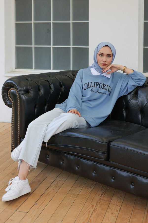Düz Orta Kadın Mavi Polo Yaka Sweat - 26584