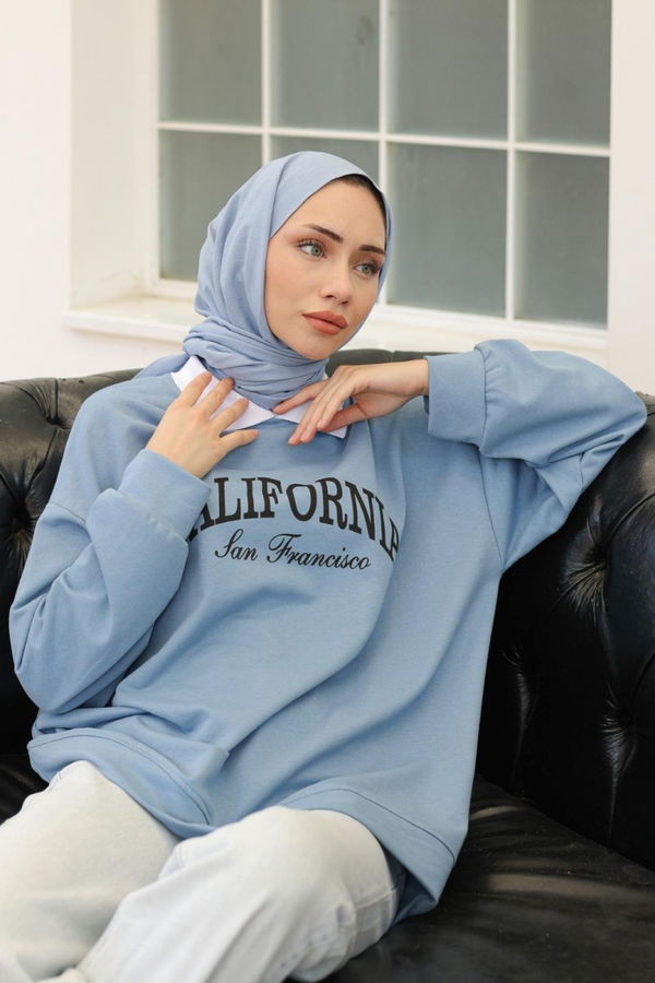 Düz Orta Kadın Mavi Polo Yaka Sweat - 26584