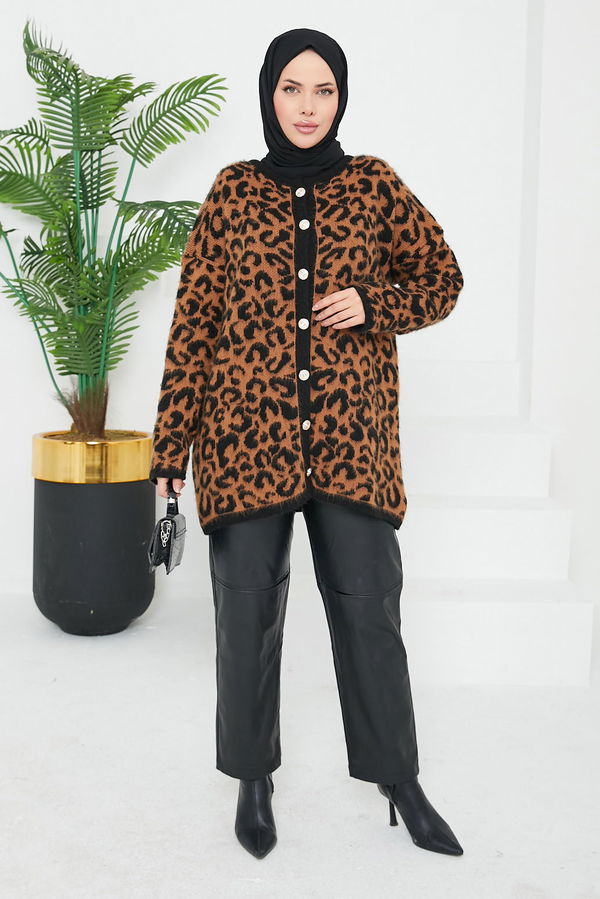 Düz Bisiklet Yaka Kadın Taba Leopar Triko Hırka - 26609