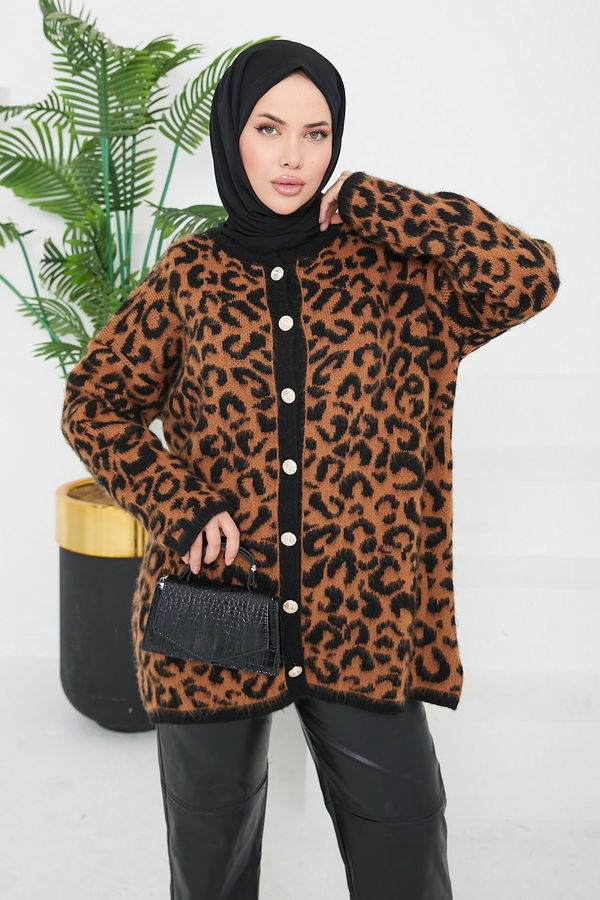 Düz Bisiklet Yaka Kadın Taba Leopar Triko Hırka - 26609