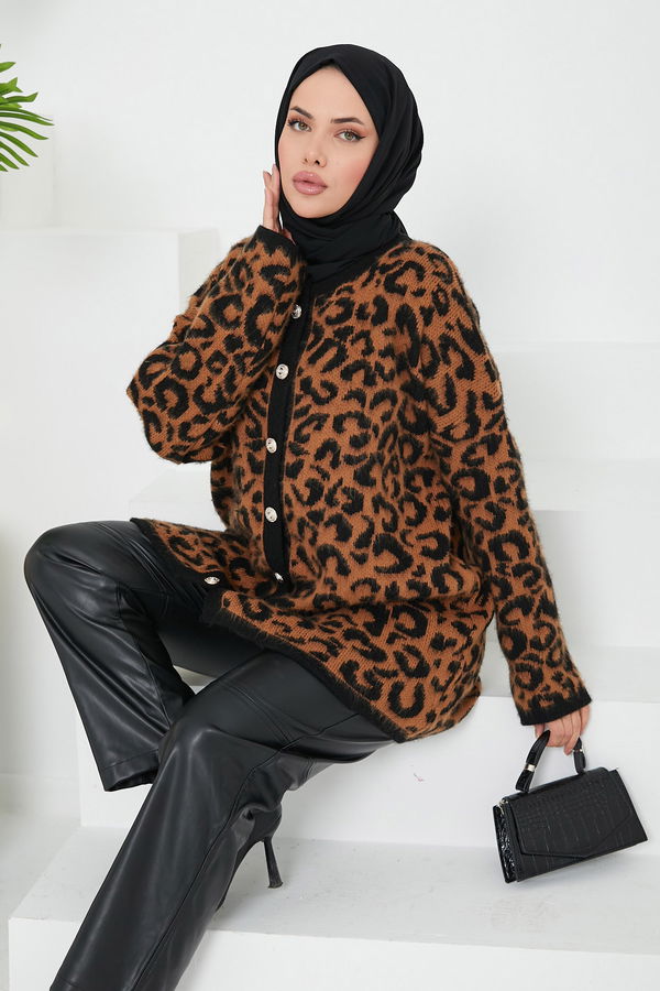 Düz Bisiklet Yaka Kadın Taba Leopar Triko Hırka - 26609