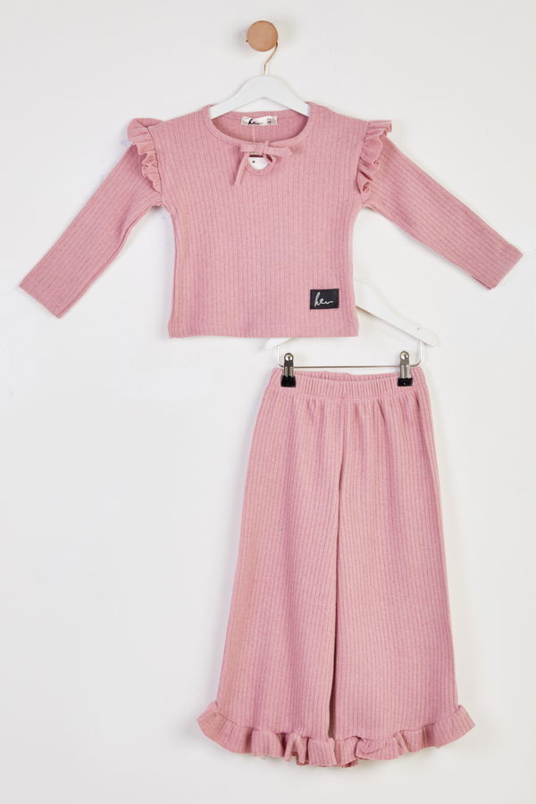 Kız Çocuk Pembe Fırfır Detaylı Takım - 26463 PEMBE