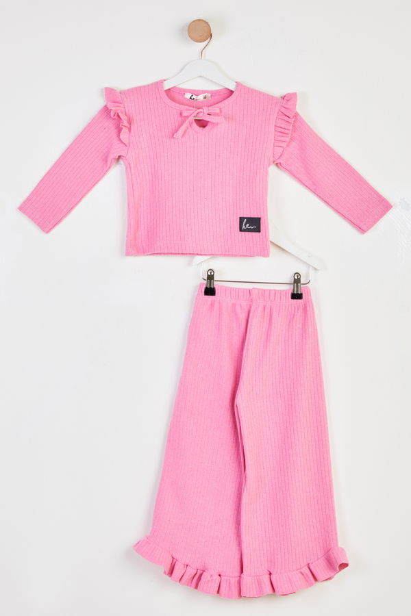 Kız Çocuk Pembe Fırfır Detaylı Takım - 26463 PEMBE