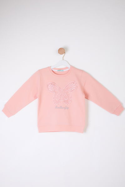 Kız Çocuk Pembe Kelebek Nakışlı Sweatshirt - 26106