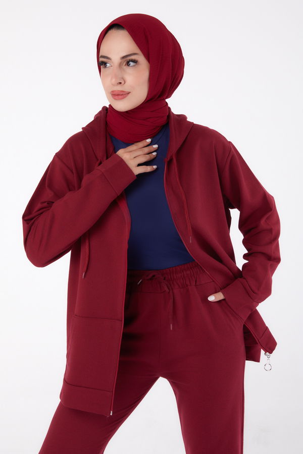 Düz Kapşonlu Yaka Kadın Bordo Eşofman Takımı - 26472 BORDO
