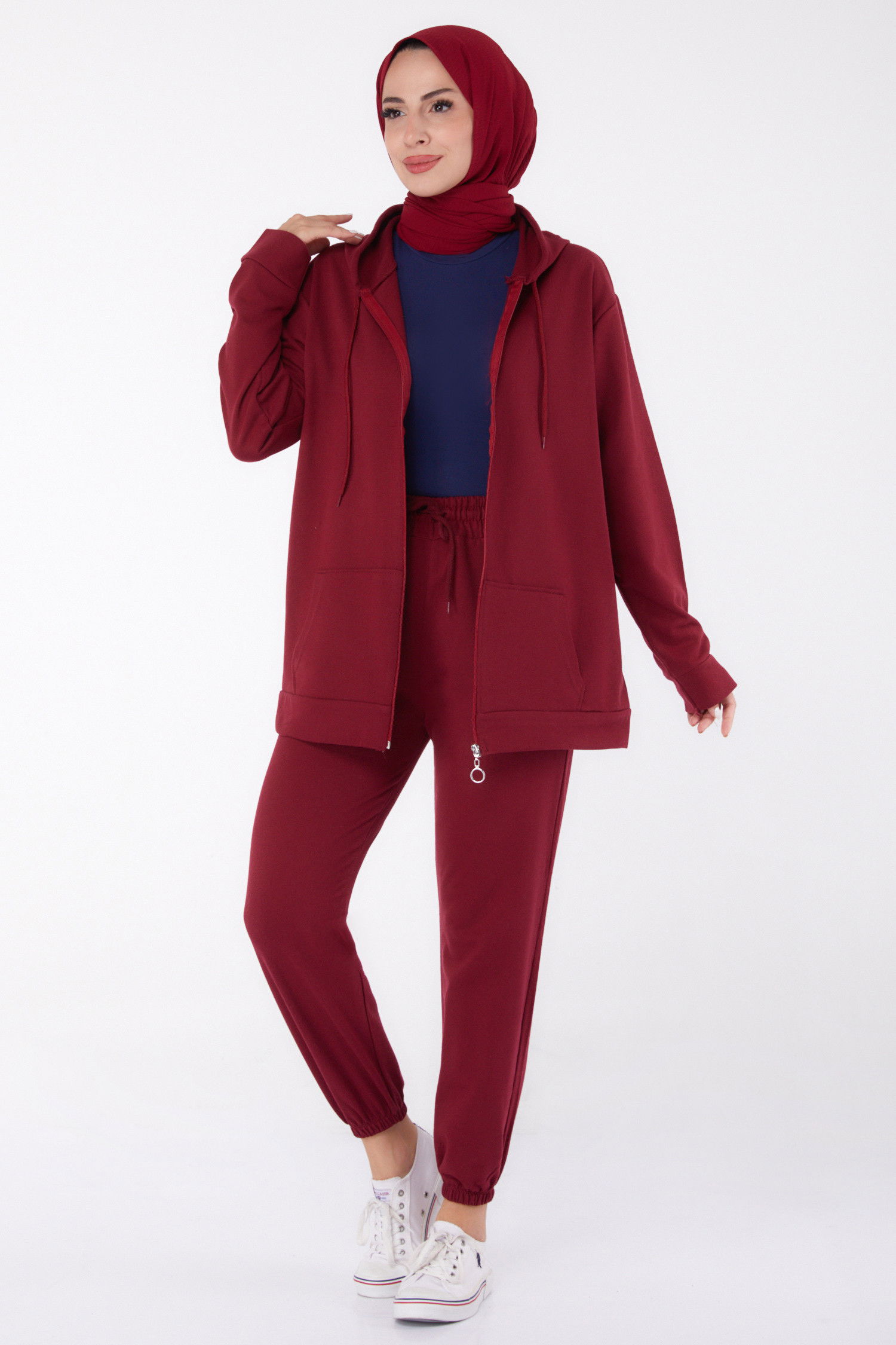 Düz Kapşonlu Yaka Kadın Bordo Eşofman Takımı - 26472 BORDO