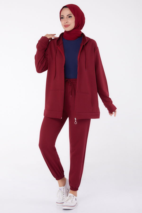Düz Kapşonlu Yaka Kadın Bordo Eşofman Takımı - 26472 BORDO