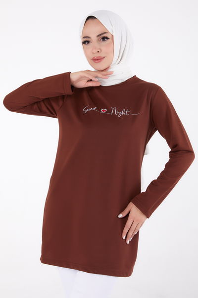 Düz Bisiklet Yaka Kadın Kahverengi Baskılı Sweatshirt - 13328