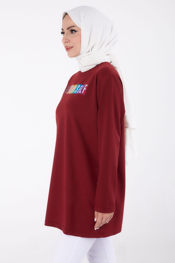 Düz Bisiklet Yaka Kadın Bordo Baskılı Sweatshirt - 13331