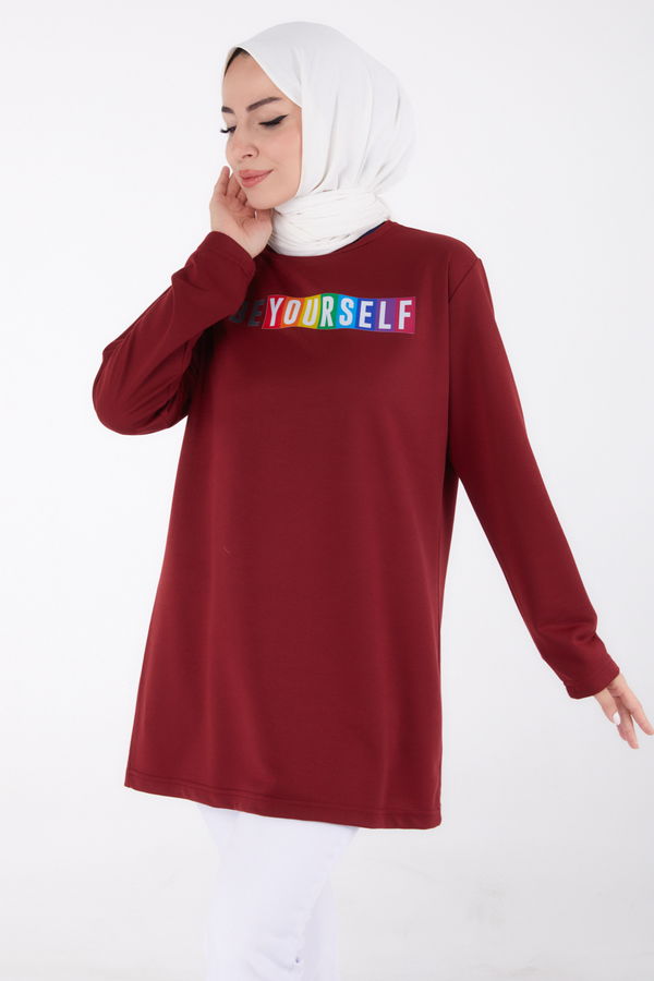 Düz Bisiklet Yaka Kadın Bordo Baskılı Sweatshirt - 13331