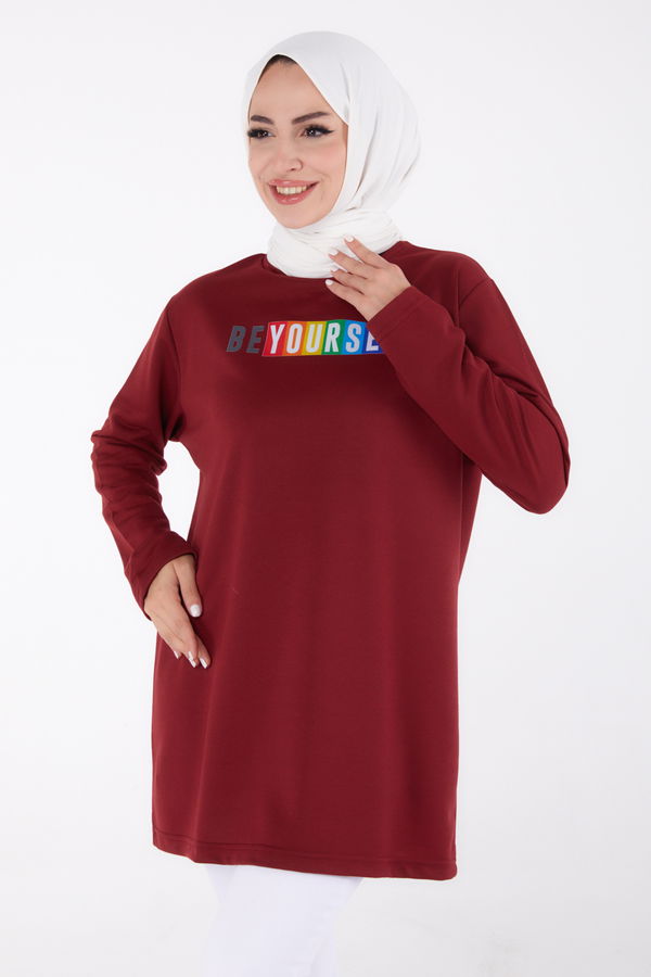 Düz Bisiklet Yaka Kadın Bordo Baskılı Sweatshirt - 13331
