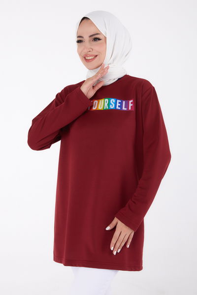 Düz Bisiklet Yaka Kadın Bordo Baskılı Sweatshirt - 13331