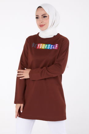 Düz Bisiklet Yaka Kadın Kahverengi Baskılı Sweatshirt - 13331