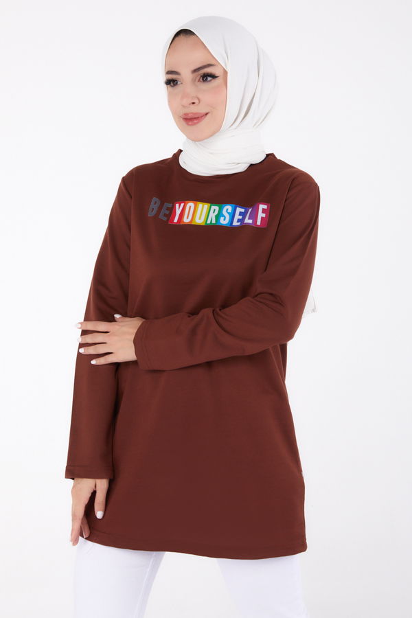 Düz Bisiklet Yaka Kadın Kahverengi Baskılı Sweatshirt - 13331