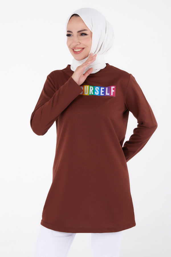 Düz Bisiklet Yaka Kadın Kahverengi Baskılı Sweatshirt - 13331