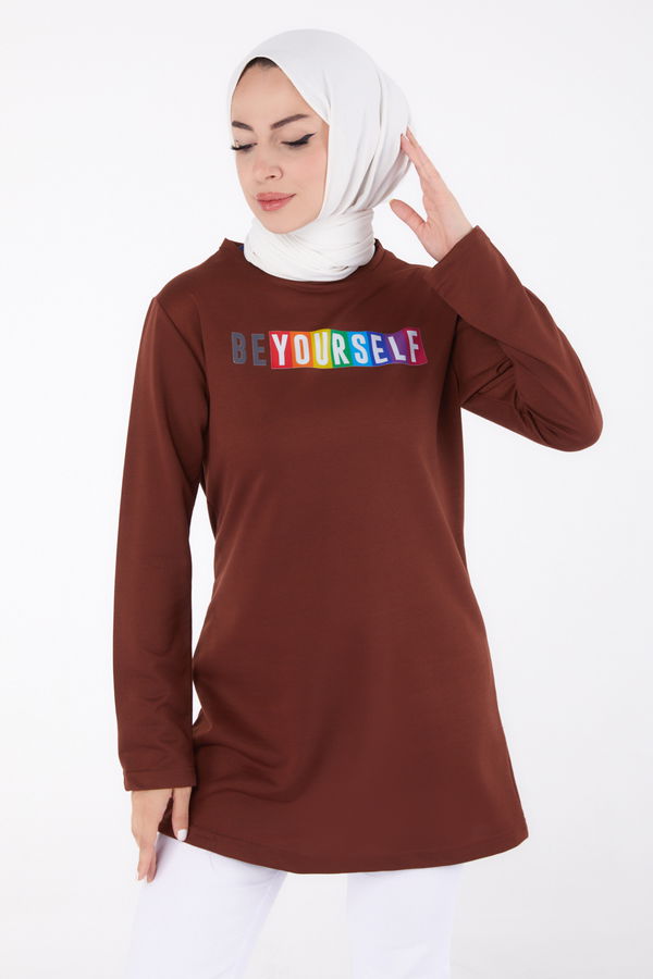 Düz Bisiklet Yaka Kadın Kahverengi Baskılı Sweatshirt - 13331