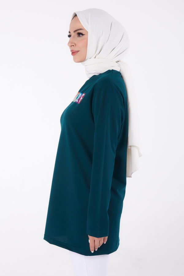 Düz Bisiklet Yaka Kadın Yeşil Baskılı Sweatshirt - 13331