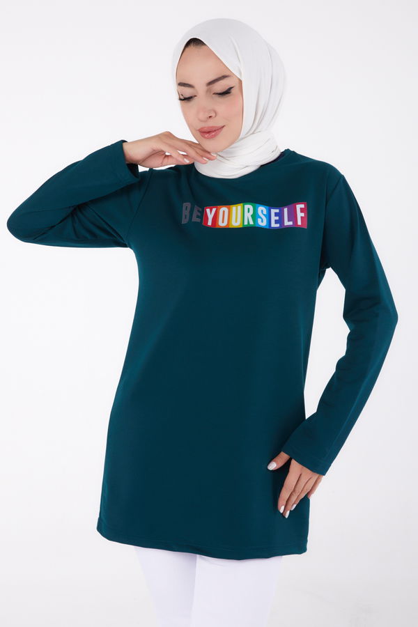 Düz Bisiklet Yaka Kadın Yeşil Baskılı Sweatshirt - 13331