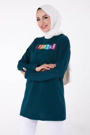 Düz Bisiklet Yaka Kadın Yeşil Baskılı Sweatshirt - 13331