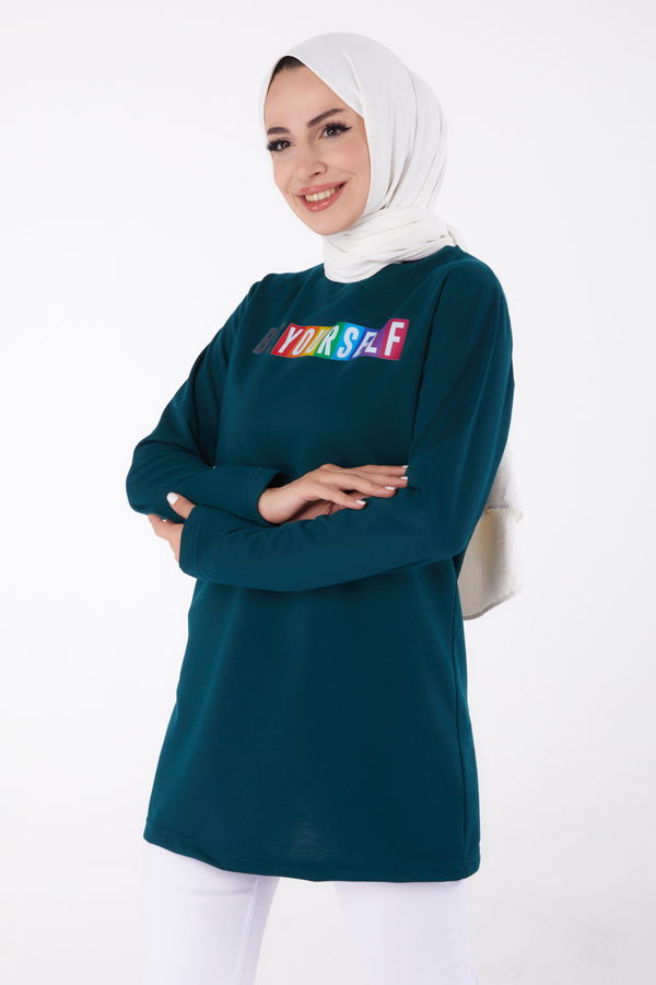 Düz Bisiklet Yaka Kadın Yeşil Baskılı Sweatshirt - 13331