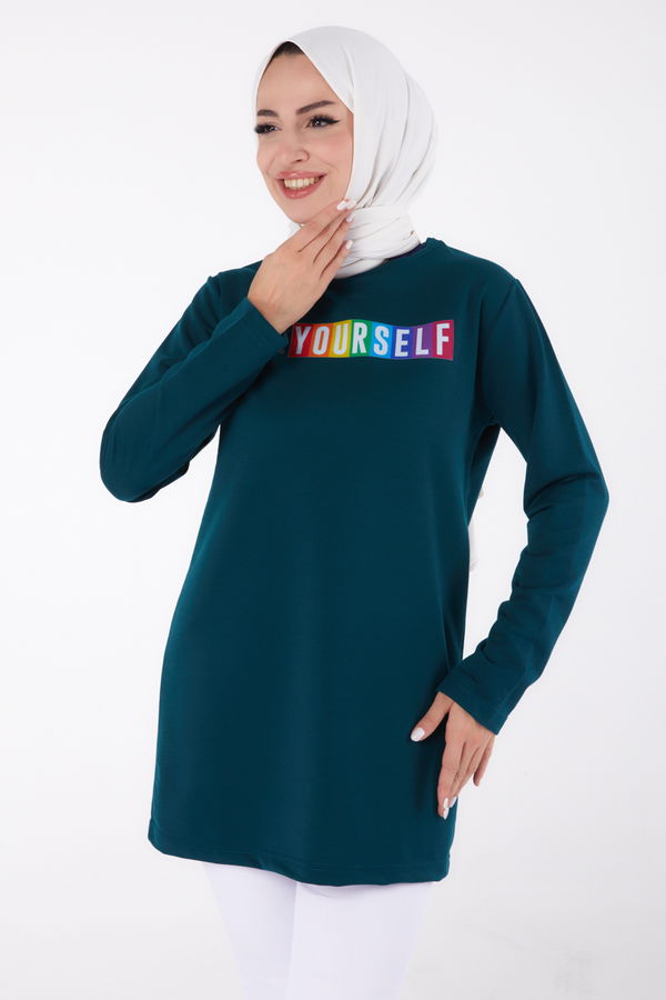 Düz Bisiklet Yaka Kadın Yeşil Baskılı Sweatshirt - 13331