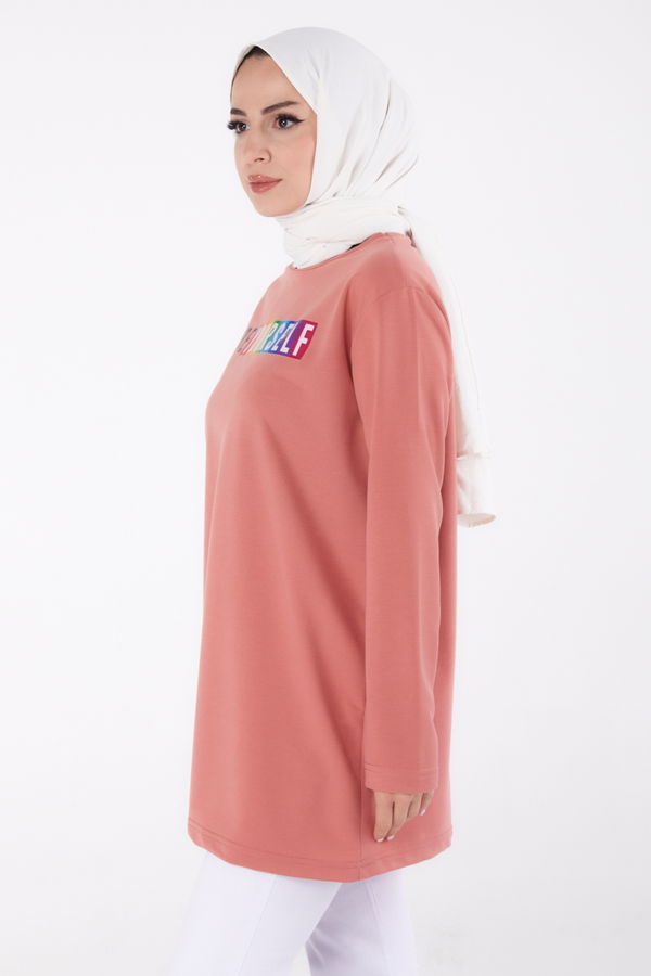 Düz Bisiklet Yaka Kadın Pembe Baskılı Sweatshirt - 13331