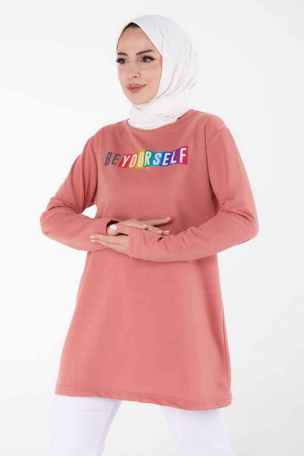 Düz Bisiklet Yaka Kadın Pembe Baskılı Sweatshirt - 13331